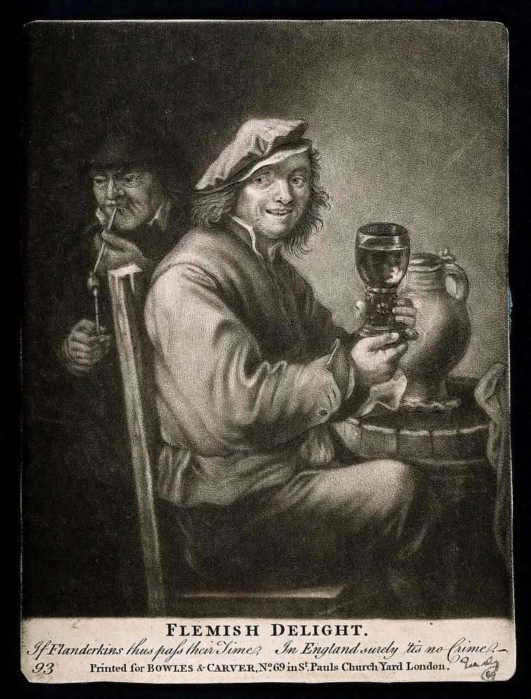 A Flemish man sits holding a large glass of wine, behind another man lights his pipe. Mezzotint, 179-, after D. Teniers II.