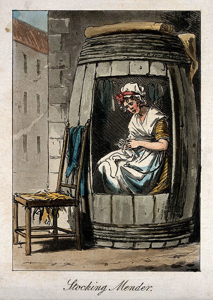 A woman is sitting in a large barrel mending stockings. Coloured etching.