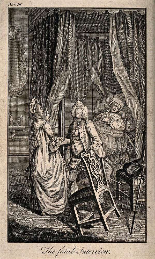 Miss Melcombe visits Mr Huntley, while on his deathbed in the attendance of his physician. Engraving, 1771.