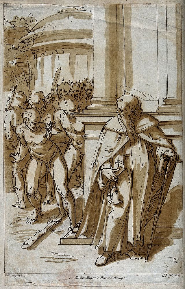 Saint Antony Abbot: he is followed in the street by demonic persecutors. Colour etching by A. Pond, 1736, after L. Cambiaso.