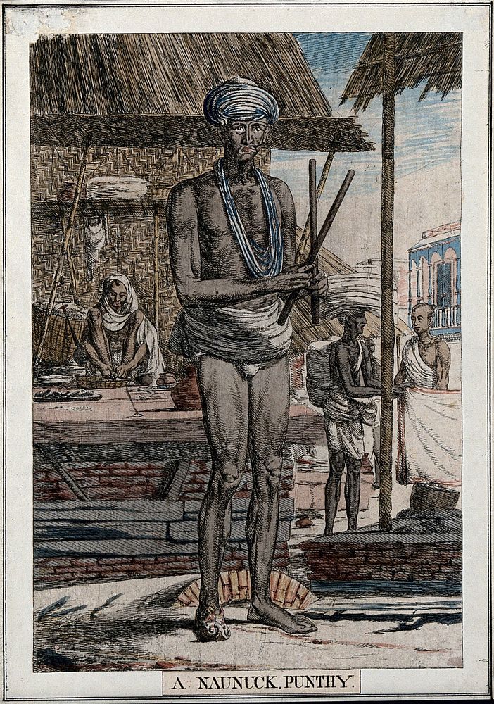 Hindu fakir with one shoe and half a moustache, Calcutta. Coloured etching by François Balthazar Solvyns, 1799.