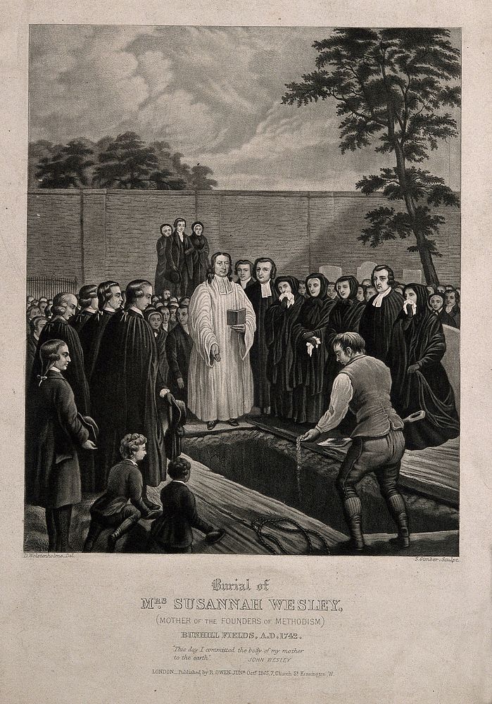 The funeral of Mrs Susannah Wesley at Bunhill Fields, the Methodist cemetery. Mezzotint by S. Gimber, 1865, after D.…