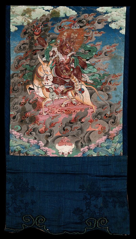 dPal-Idan Lha-mo (Magzor Palden Lhamo), a Tibetan demon goddess riding on a mule. Distemper painting by a Tibetan painter.