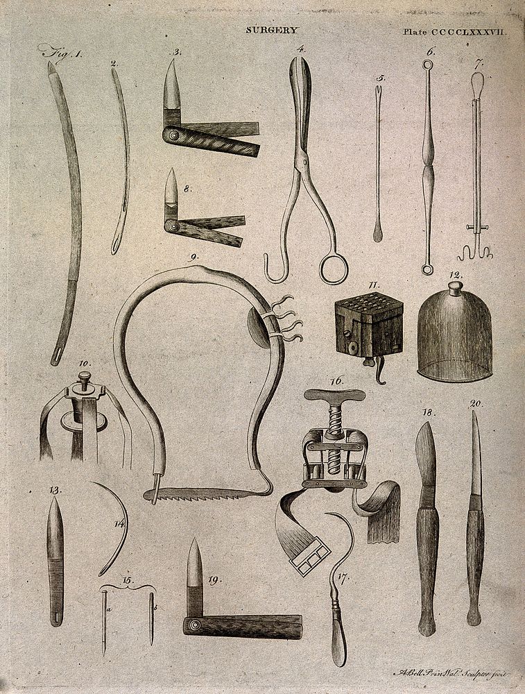 Surgical instruments. Engraving by Andrew Bell.