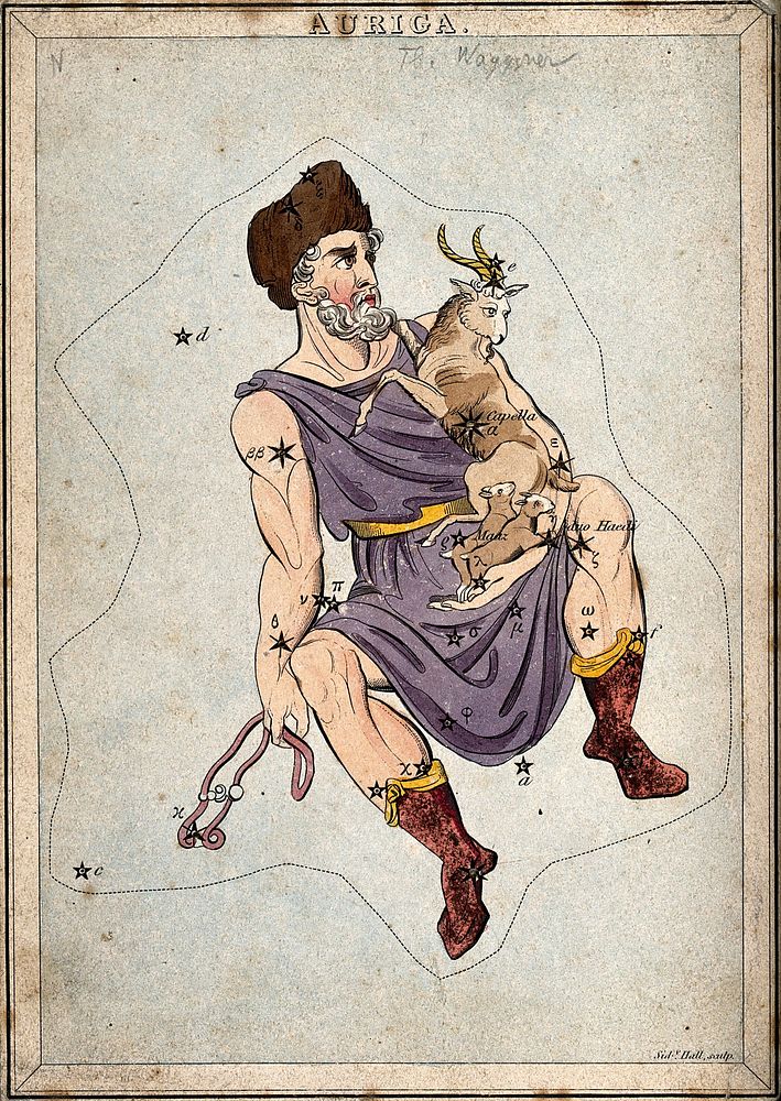 Astronomy: signs of the zodiac, Auriga. Coloured engraving by S. Hall.