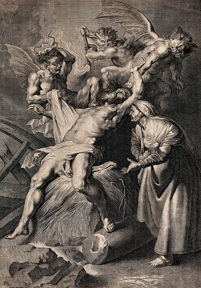 Job tormented by demons; his wife urges him to curse God. Line engraving by L. Vorsterman after Sir P.P. Rubens.