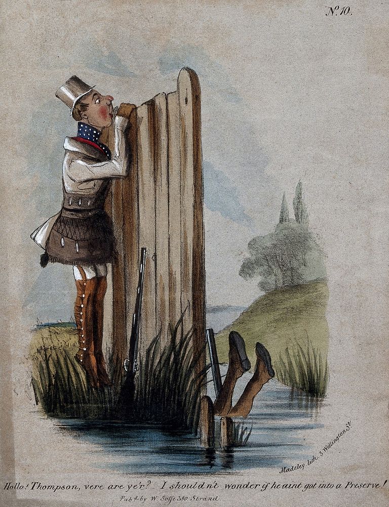 A man in a scottish hunting outfit attempts to peer over a fence unable to see that his companion is drowning in the lake…