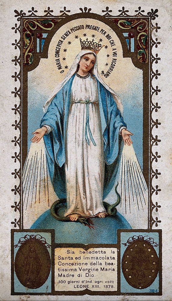 Saint Mary (the Blessed Virgin), in the form in which she appeared to Saint Catherine Labouré in Paris in 1830. Colour…