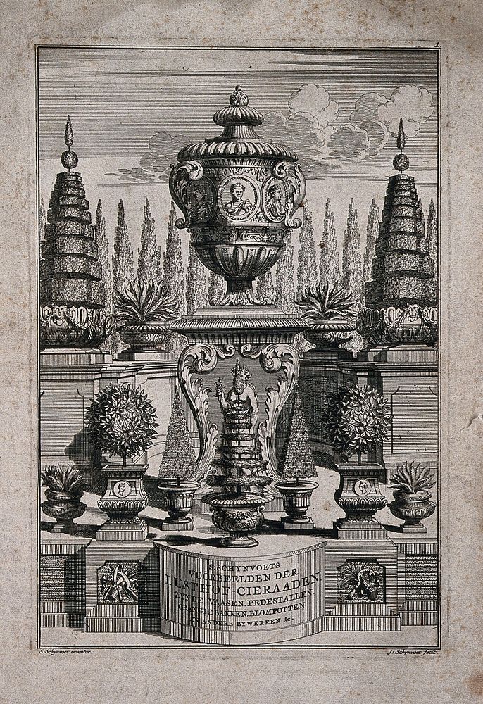 A display of ornate plantpots and a large vase on a pedestal. Etching with engraving by J. Schynvoet, c. 1701, after S.…