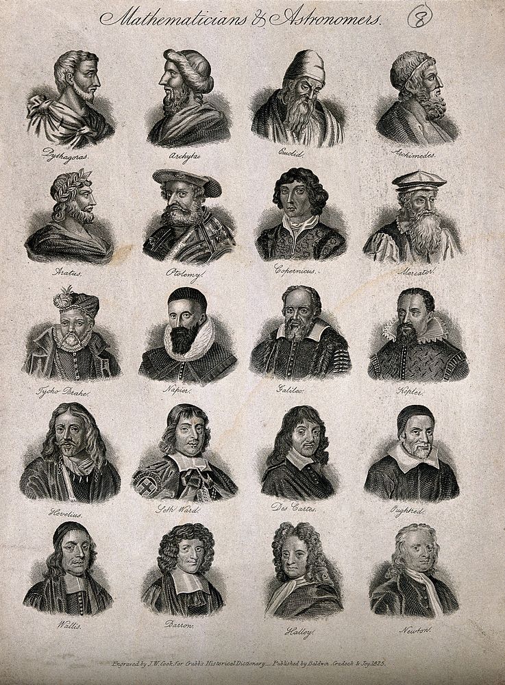 Mathematicians and astronomers: twenty portraits. Engraving by J.W. Cook, 1825.
