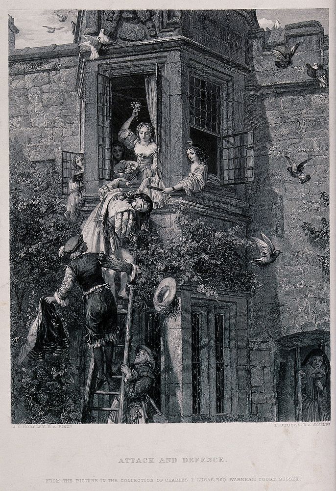 A young man on a ladder leading to an upstairs window from where young women pelt him with flowers. Engraving by L. Stocks…