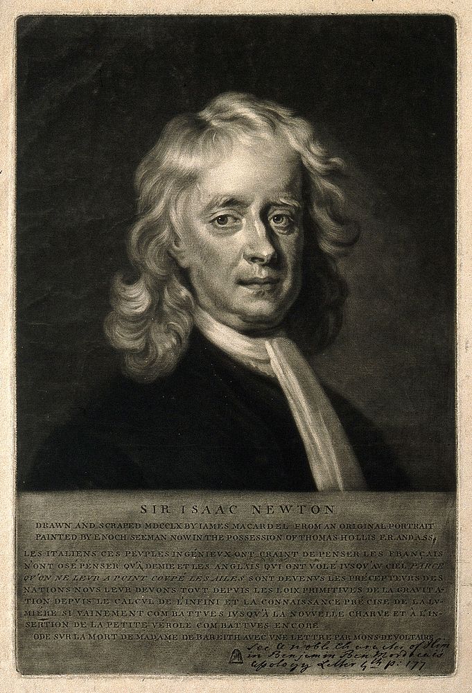 Sir Isaac Newton. Mezzotint by J. MacArdell, 1760, after E. Seeman, 1726.