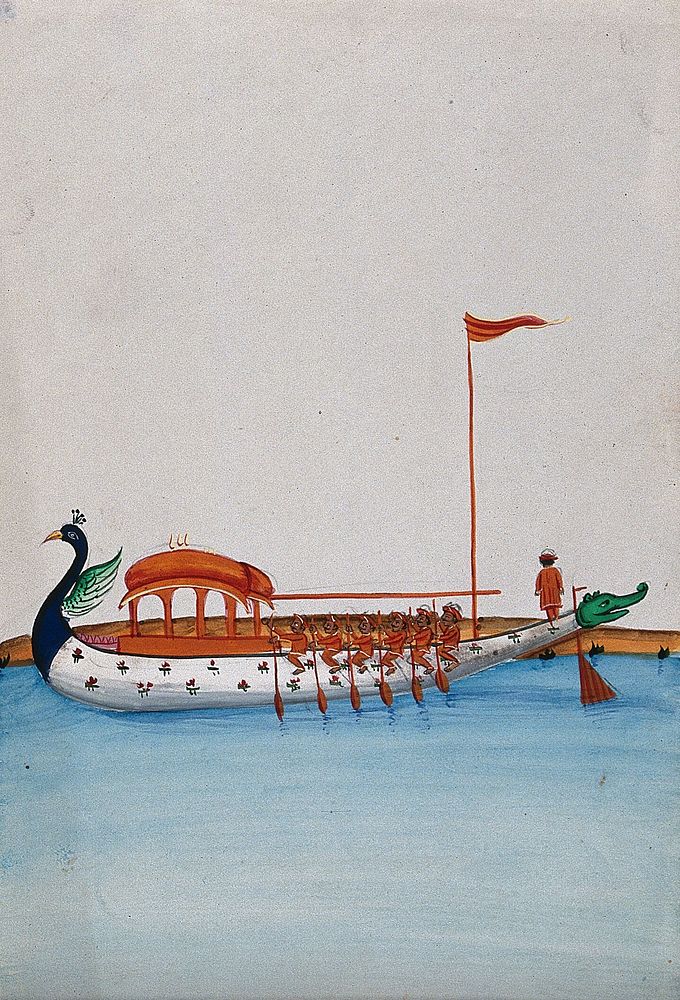Six men row a long boat with a domed canopy, shaped as a peacock in the front and a dragon's mouth at the back. Watercolour…