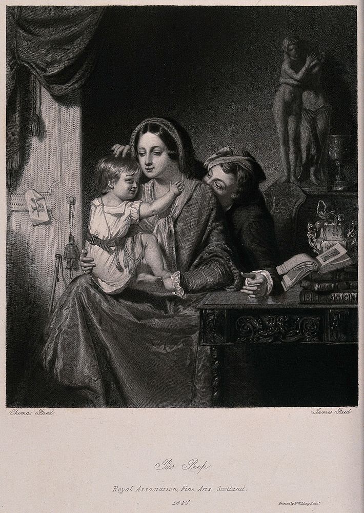 A tight-knit family group with the father playing a game of "Bo-Peep" with the child over the mother's shoulder. Mezzotint…