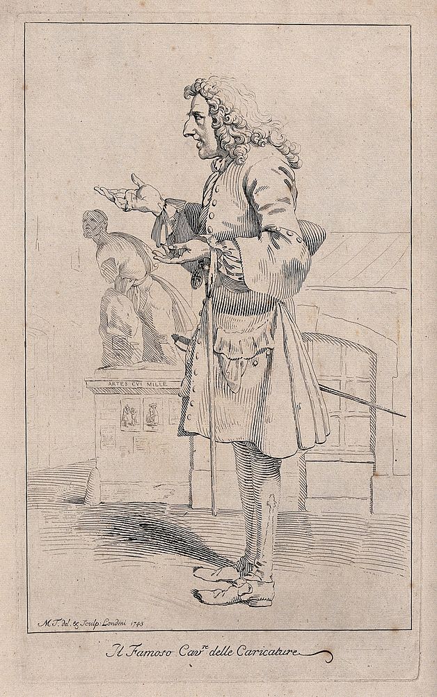 Pier Leone Ghezzi as the "knight of caricature", carrying a stick and making a gesture with both hands. Etching by M.…