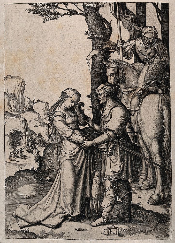 Saint George, the princess whom he has rescued, and his fight with the dragon. Engraving after L. van Leiden.