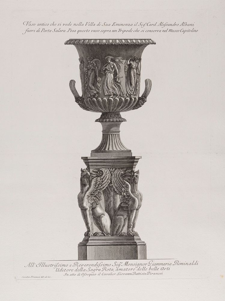 A marble vase on a tripod. Etching by G.B. Piranesi, ca. 1770.