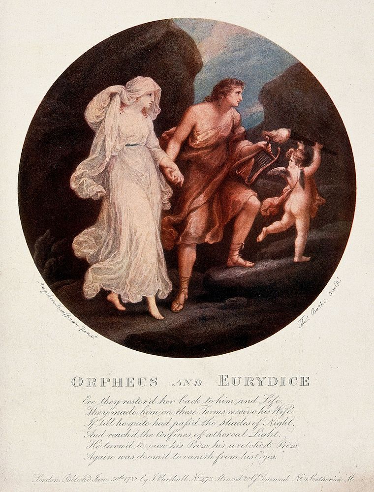 Orpheus and Eurydice. Colour process print, ca. 1900  after stipple engraving by T. Burke, 1782, after A. Kauffman.
