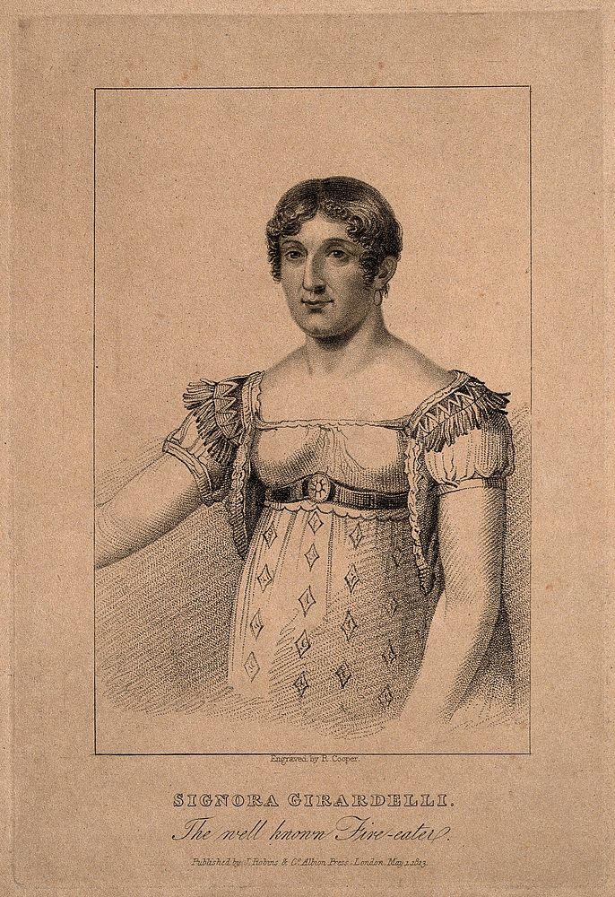 Josephine Giraldelli, a woman impervious to fire. Stipple engraving by R. Cooper, 1823.