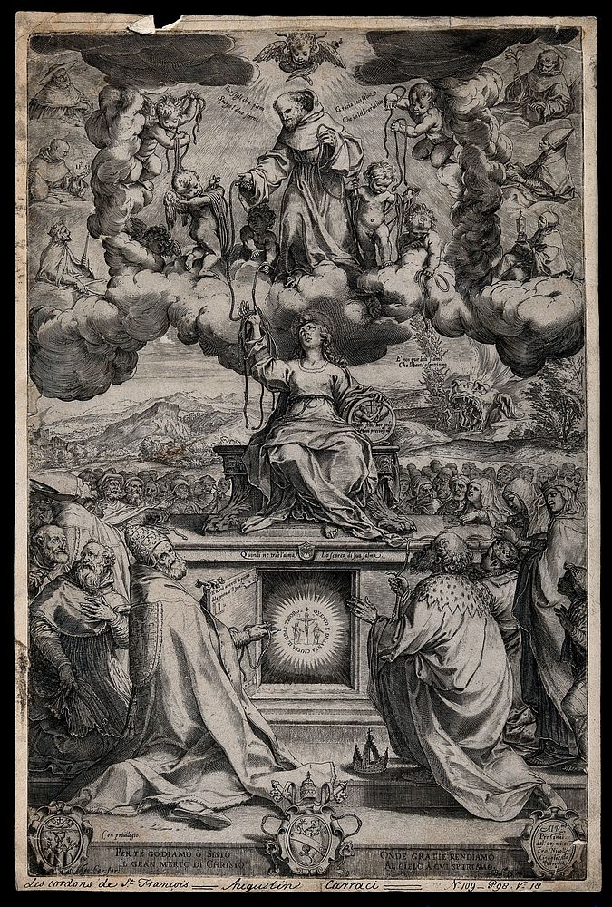 Saint Francis of Assisi on a cloud with cherubs; giving the cords of his robes to the Virgin on a pedestal and to a crowd of…
