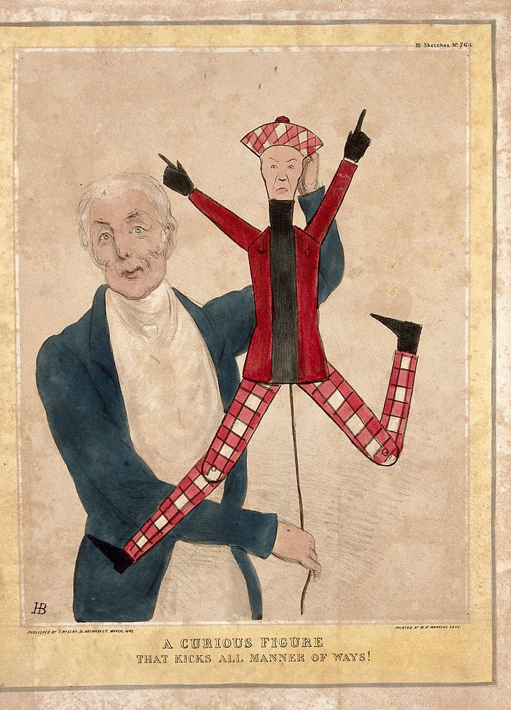 The Duke of Wellington holds up a puppet of Lord Brougham and pulls a string to operate his limbs. Coloured lithograph by…
