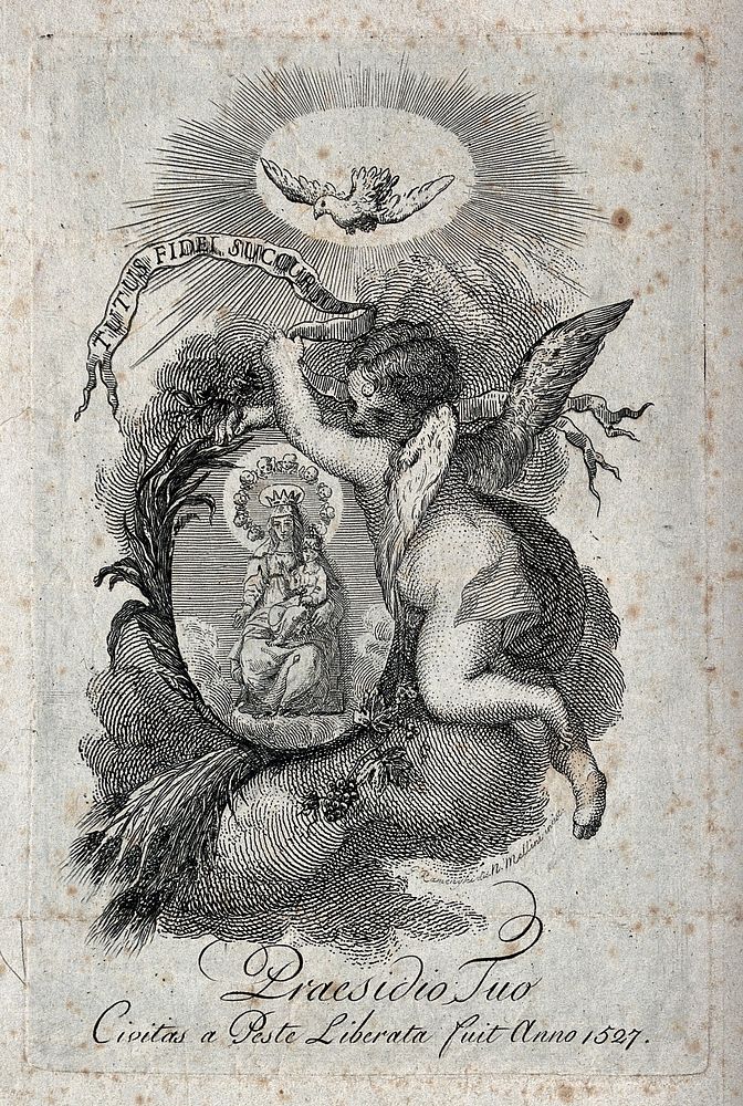 An angel carries the image of the Virgin of Succour of the sanctuary in the Borgo San Pietro at Bologna. Etching by N.…