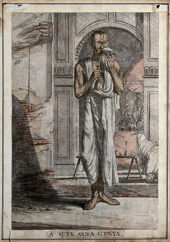 Brahman priest with a musical shell and a bell, being used at a religious ceremony, Calcutta, West Bengal. Coloured etching…