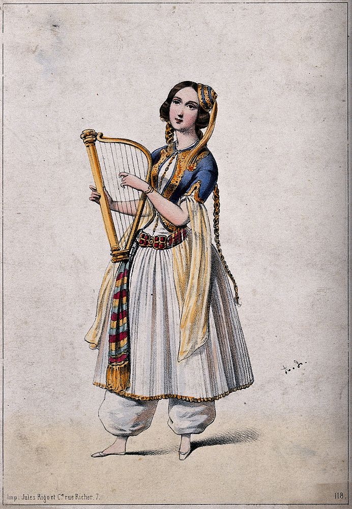 A young woman wearing a dress and pantaloons is holding a small harp. Coloured lithograph, 18--.