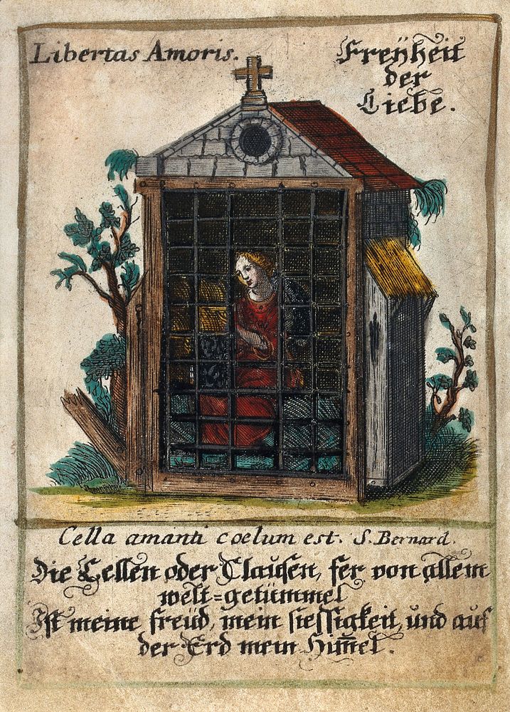 An anchoress or nun of an enclosed order locked in her cell; representing the monastic cell as the heaven of the loving…