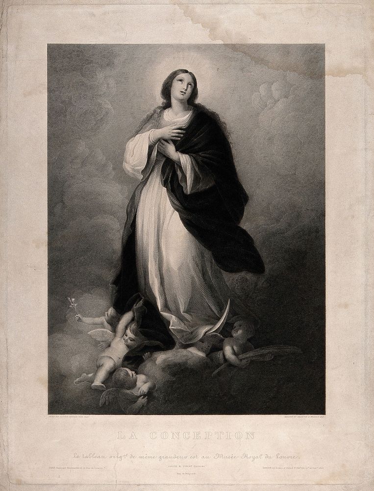 The Virgin Mary, immaculately conceived, descends from heaven, a sickle moon beneath her feet. Engraving by F-E-A. Bridoux…