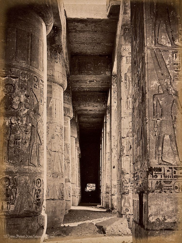 Luxor, Egypt: the Temple of Ramesses III at Medinet Habu: carved columns in the Second Court. Photograph by Pascal Sébah…