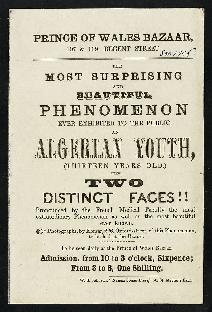 Handbill (Sept. 1856) advertising the exhibition of an Algerian youth (13 years old) with 2 faces at the Prince of Wales…