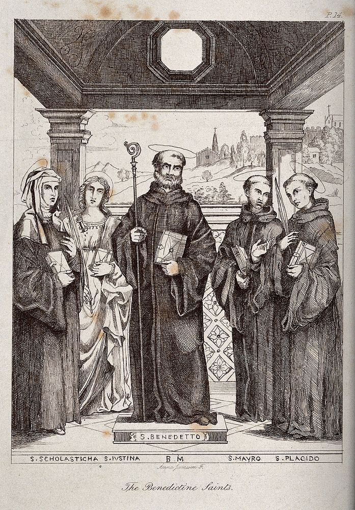Five Benedictine saints: Saint Benedict, Saint Scholastica, Saint Justina, Saint Maurus, and Saint Placidus. Etching by Anna…
