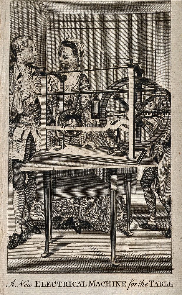 An electrical machine: a man is shown demonstrating a table-top electrical machine to a young woman. Etching, 1760/1790.