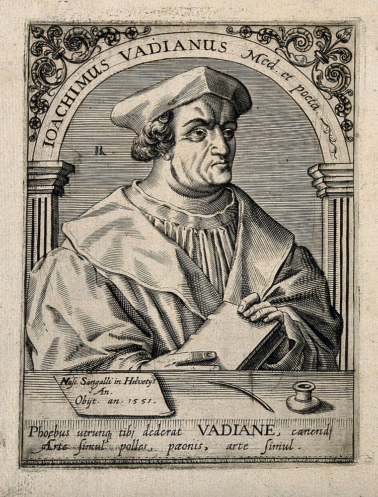 Joachim Vadianus [von Watt]. Line engraving by T. de Bry.