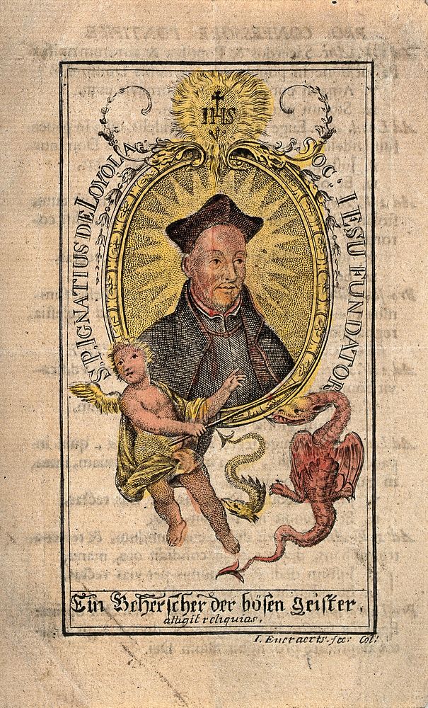 Saint Ignatius of Loyola as tamer of evil spirits. Coloured engraving by J. Everaerts.