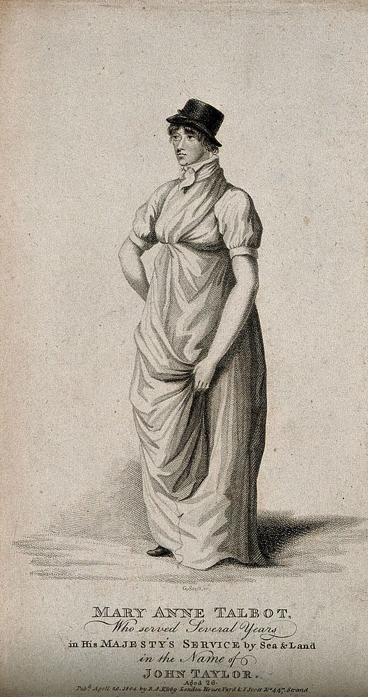 Mary Anne Talbot, a woman who passed as a male soldier and sailor. Engraving by G. Scott, 1804.