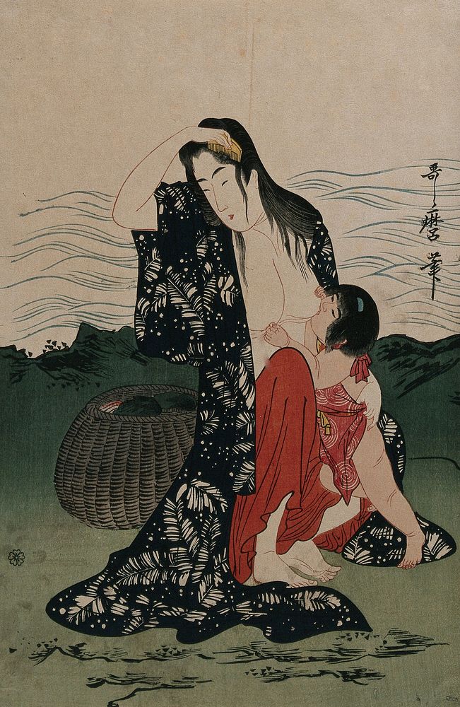 An ama (woman diver) on shore combs her wet hair while breast feeding a toddler. Colour woodcut after Utamaro, 1900/1920 .