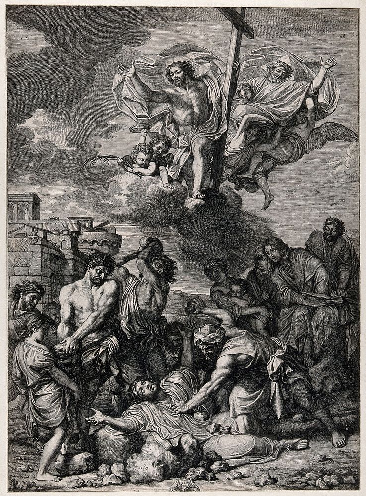 Martyrdom of Saint Stephen, the first martyr. Engraving by G. Audran after C. Lebrun.
