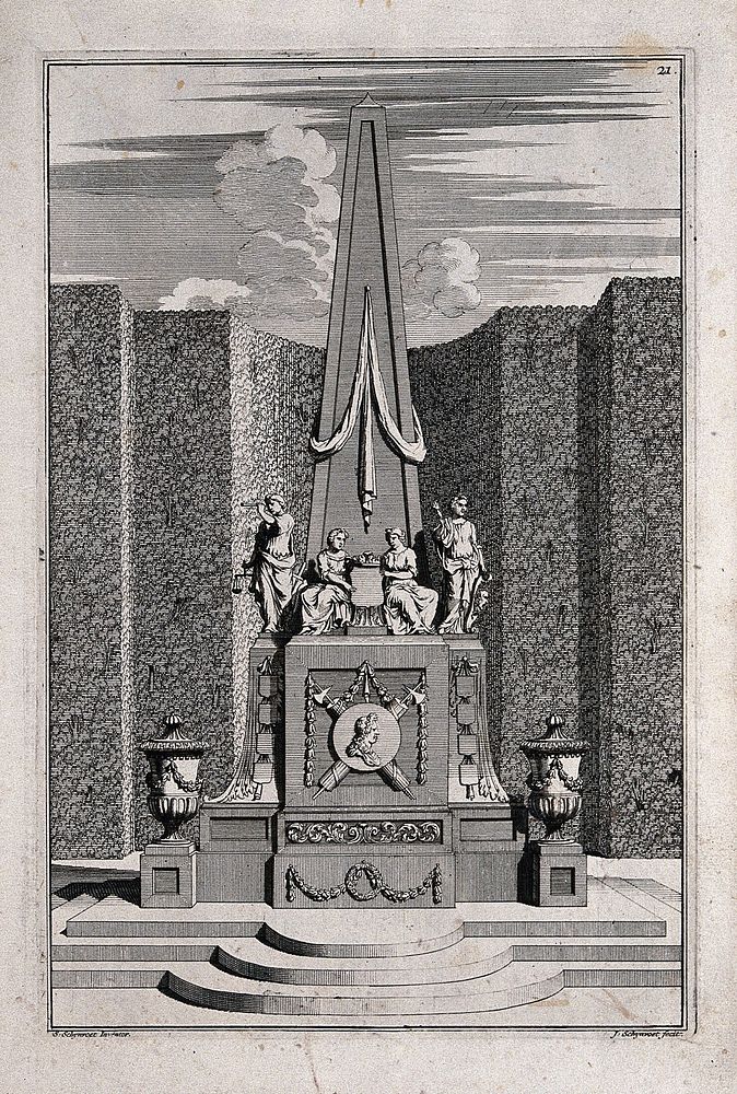 An ornate garden obelisk decorated with urns and statues. Etching by J. Schynvoet after S. Schynvoet, early 18th century.