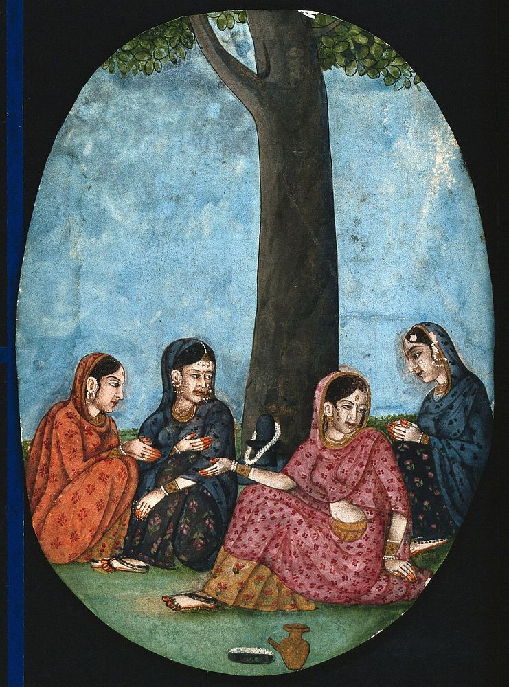 Four Indian ladies sitting under a tree next to a Shivling. Gouache painting by an Indian painter.