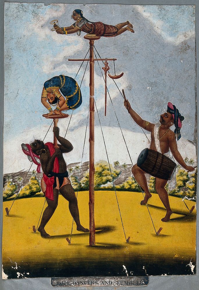 Indian acrobats performing. Gouache painting.