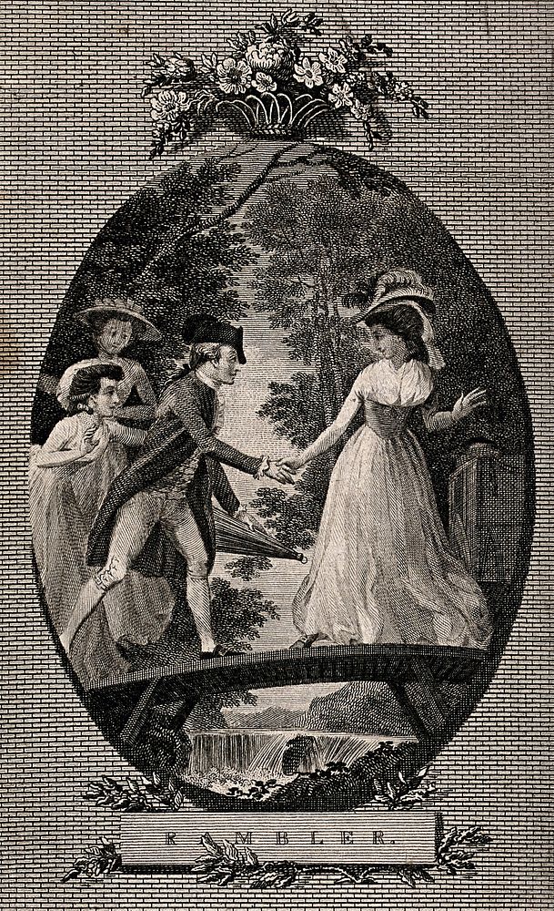 A young man offers his hand to help a young woman cross a bridge over a brook, but she turns back as the bridge is too…