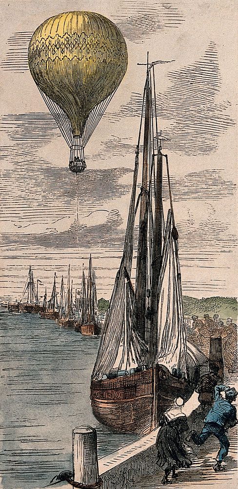 A balloon is drifting away from the land towards the sea. Coloured wood engraving.