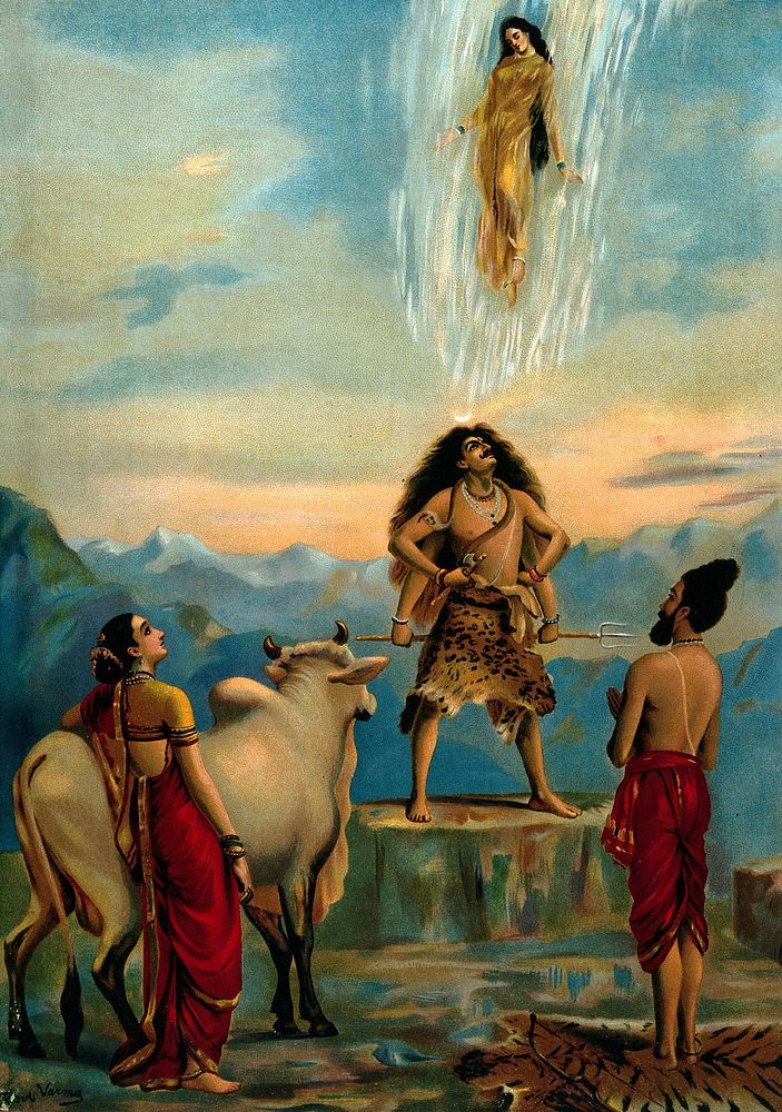 Gangā and the river Ganges falling from heaven, while Shiva waits below to stem the fall with Nandi bull, Parvati and the…