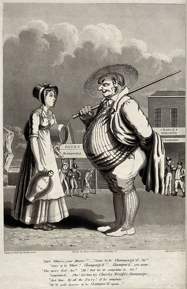 A fat farmer and a young woman at a sea-side resort; behind them are two establishments, "Baths Shampooing" and "Charles…