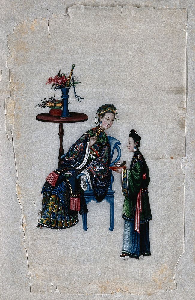 A Chinese lady, attended by servant with tray. Painting by a Chinese artist, ca. 1850.