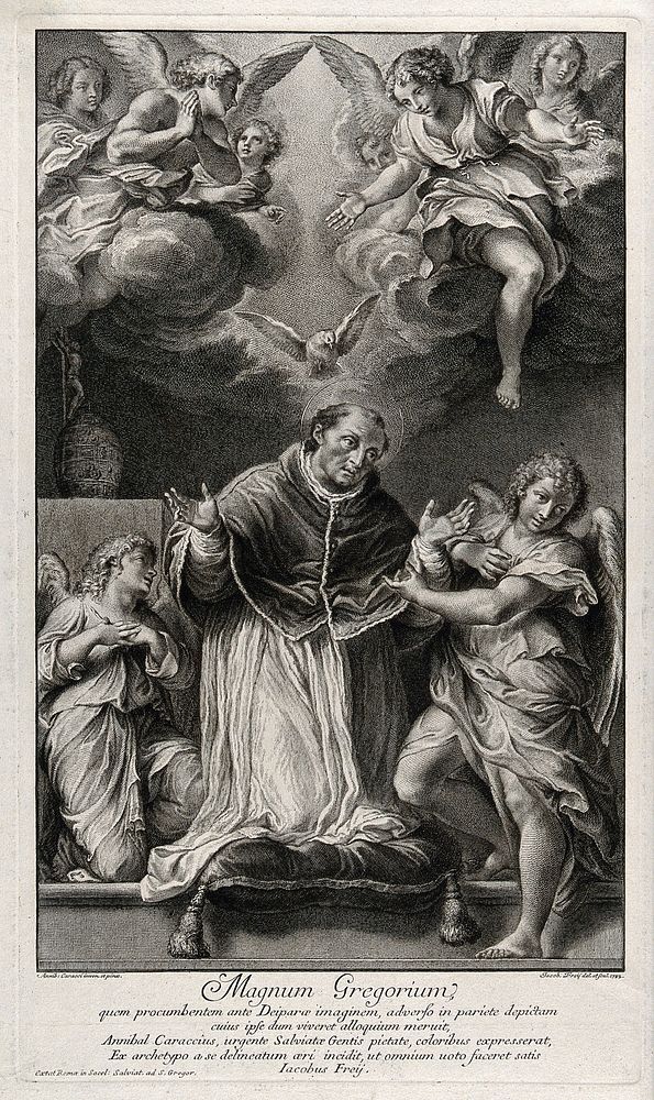 Saint Gregory the Great, wearing ecclesiastical dress and supported by two angels, is kneeling in prayer; angels above him.…