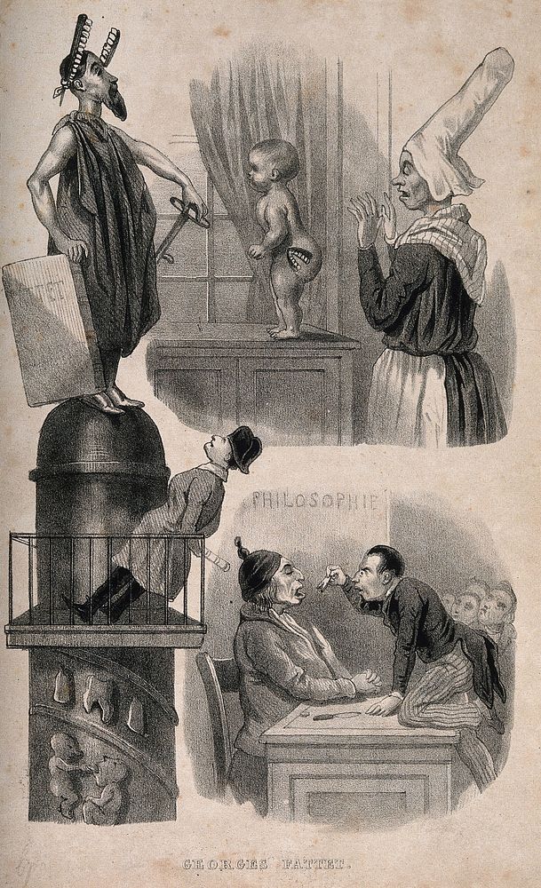 Three vignettes relating to Georges Fattet the inventor of false teeth. Lithograph.