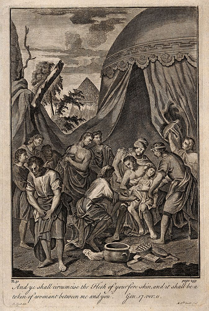 Abraham and the men of his house circumcising themselves. Engraving by M. van der Gucht after G. Hoet.